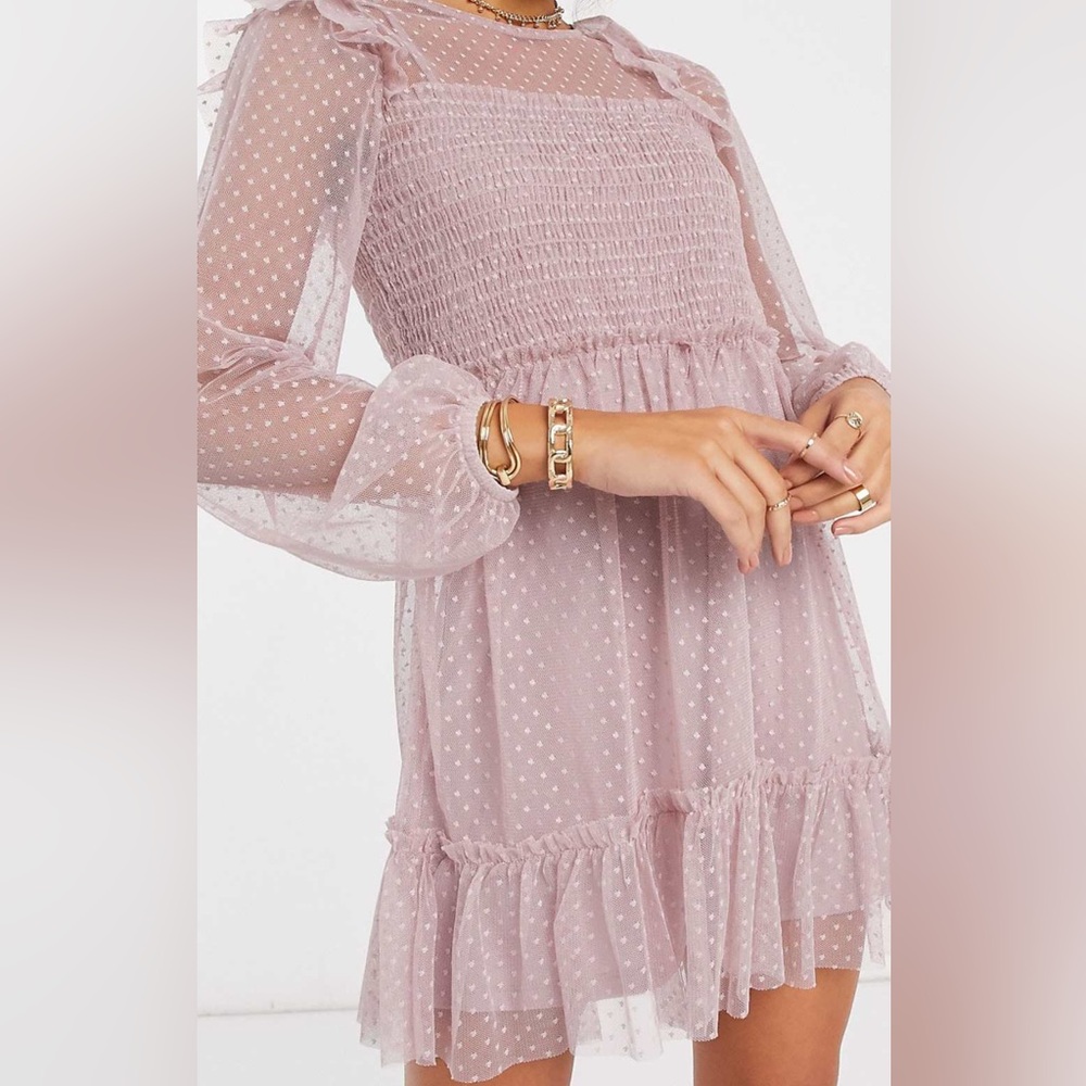 River Island long sleeve frill shirred mesh dress in pink US 4